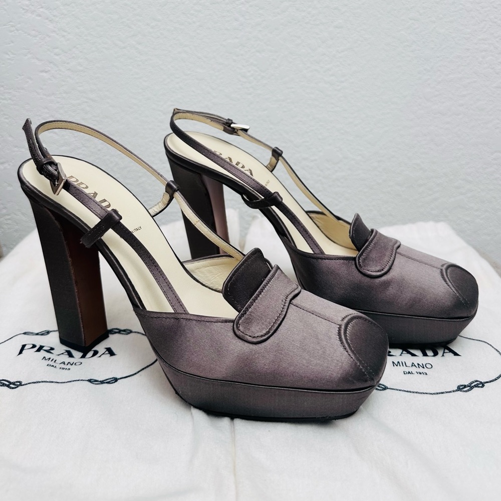 Prada Women's Satin Slingback Heels - Gray - Picture 2 of 5